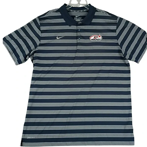 Nike USA Hockey Polo Mens XXL Blue Striped Dri-FIT Game Time M-51299 Excellent - Picture 2 of 10